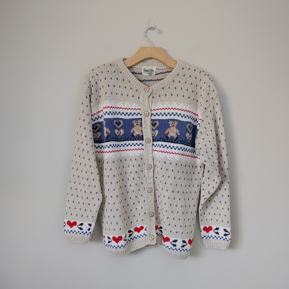 Vintage Cottage Cove Cardigan Knit Sweater Teddy Bear Hearts Size Medium Grandma - Picture 3 of 14